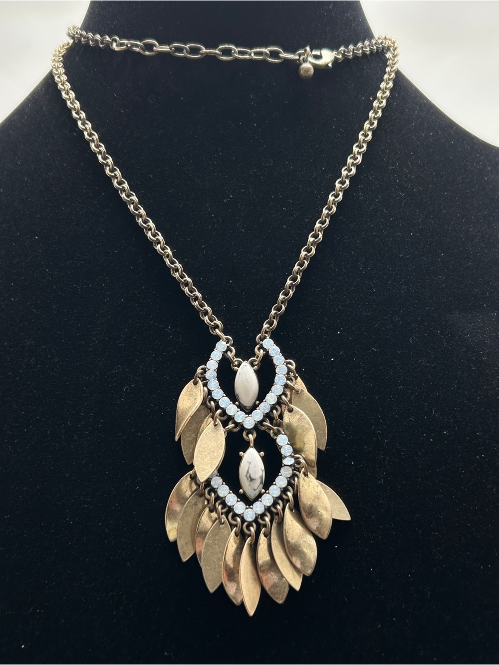 Art Deco Gold, Long Crystal And Stone Leaf Pendant Necklace, Great Movement